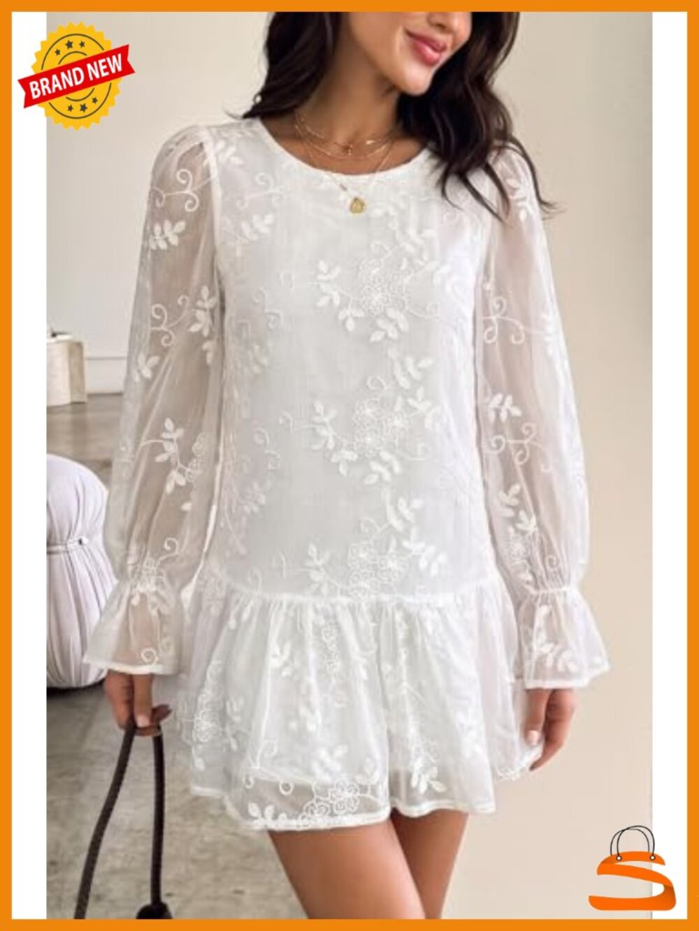 Women's Embroidered Chiffon Mini Babydoll Dress Long Sleeve Boho - Picture 5 of 6